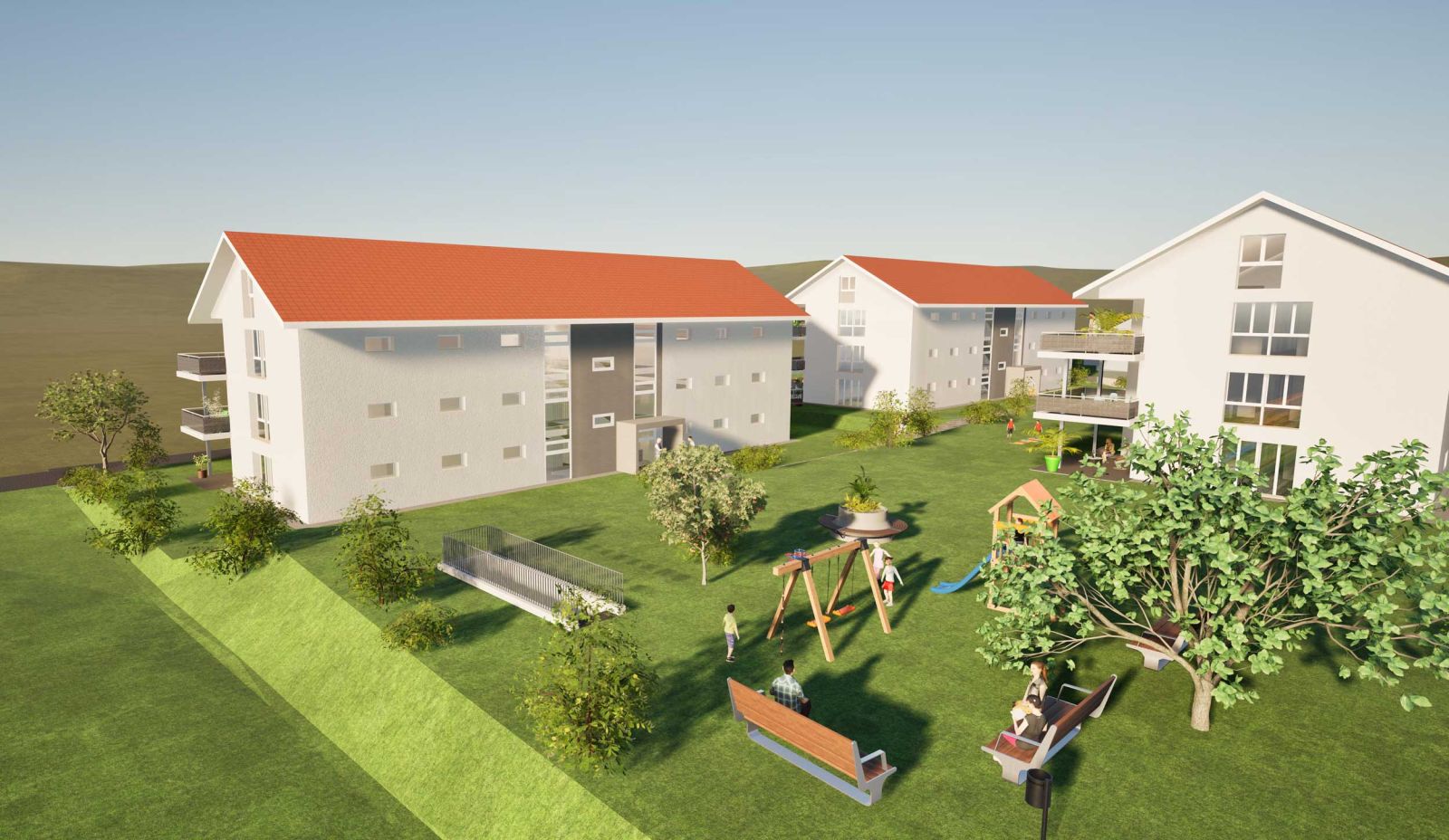 Visualisierung der Überbauung Grossmatt mit Blick auf den Spielplatz