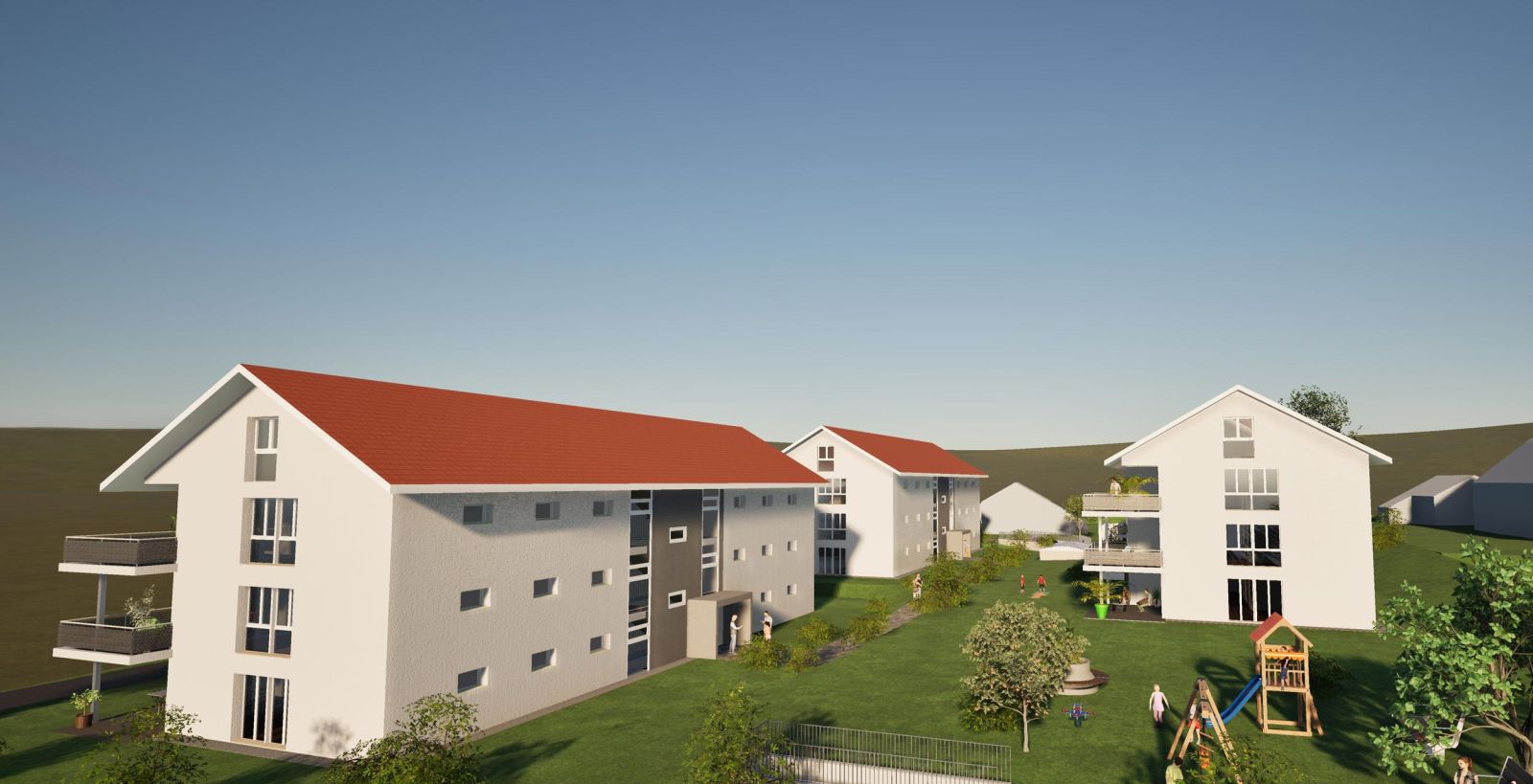 Visualisierung der Überbauung Grossmatt mit Blick auf den Spielplatz