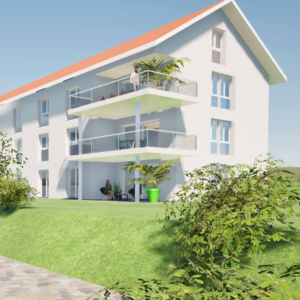 Visualisierung der Überbauung Grossmatt mit Blick auf ein Wohnhaus