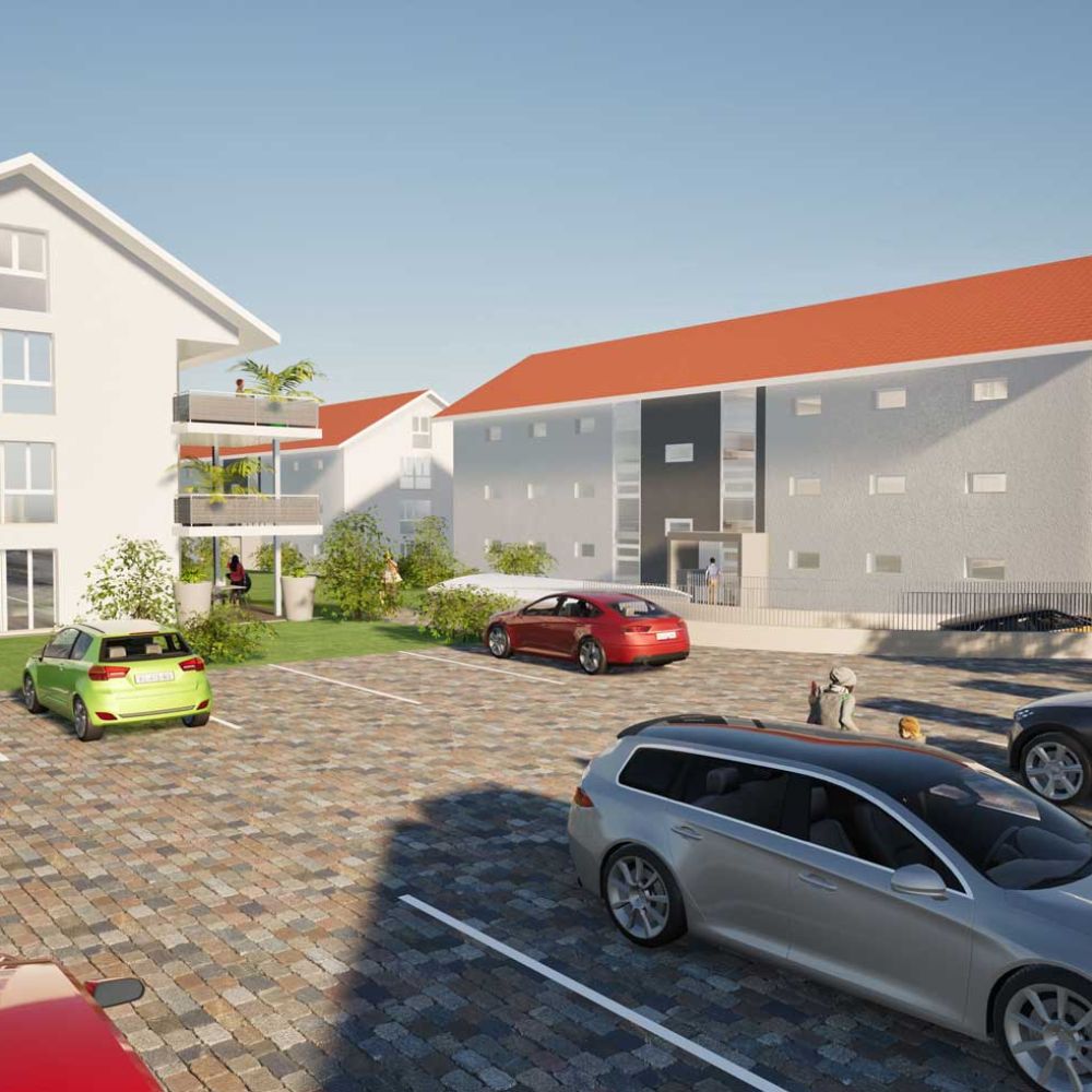 Visualisierung der Überbauung Grossmatt mit Blick auf die Aussenparkplätze